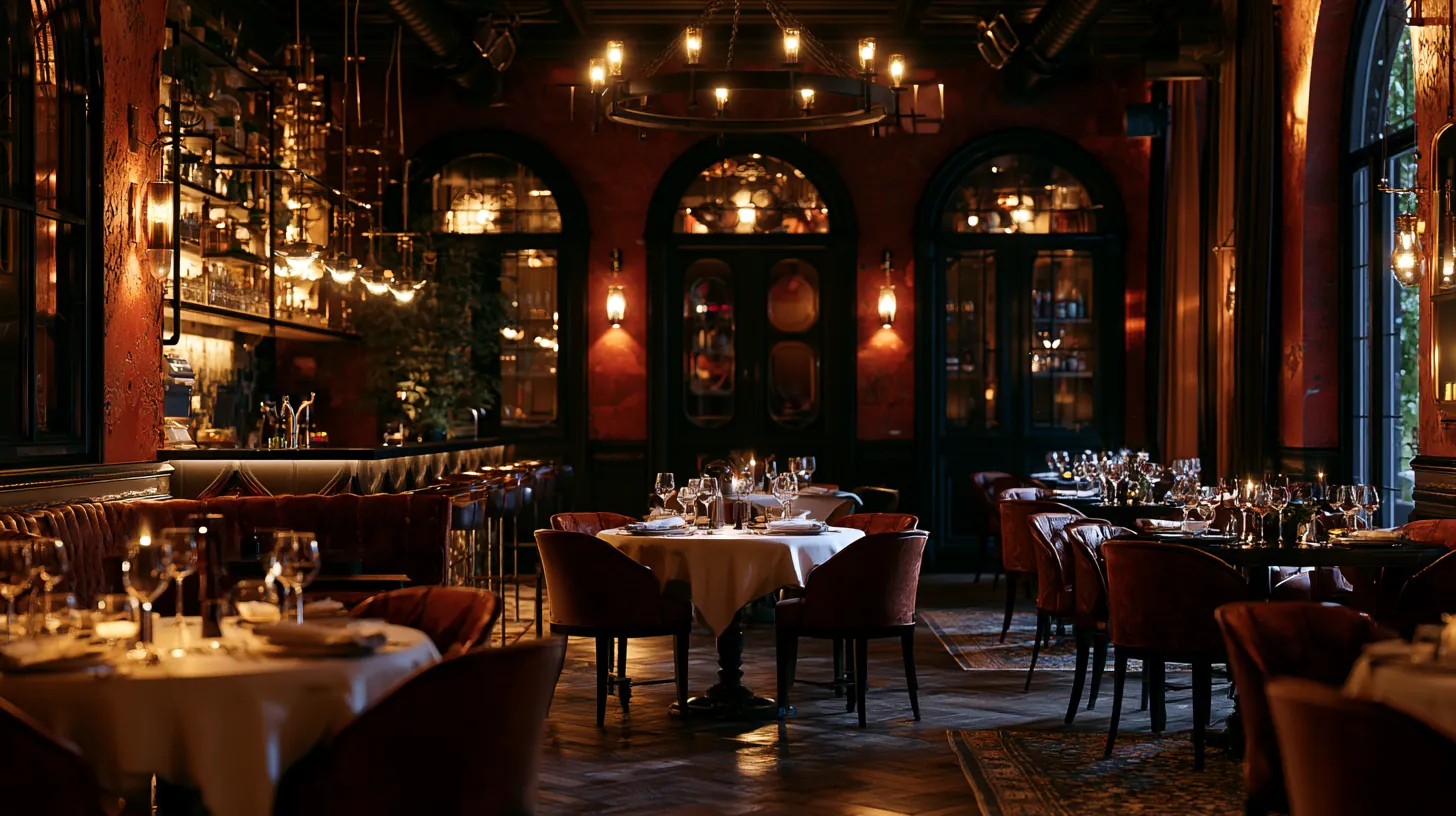 Salle de restaurant en soirée, tables dressées et lumières chaudes avant le service